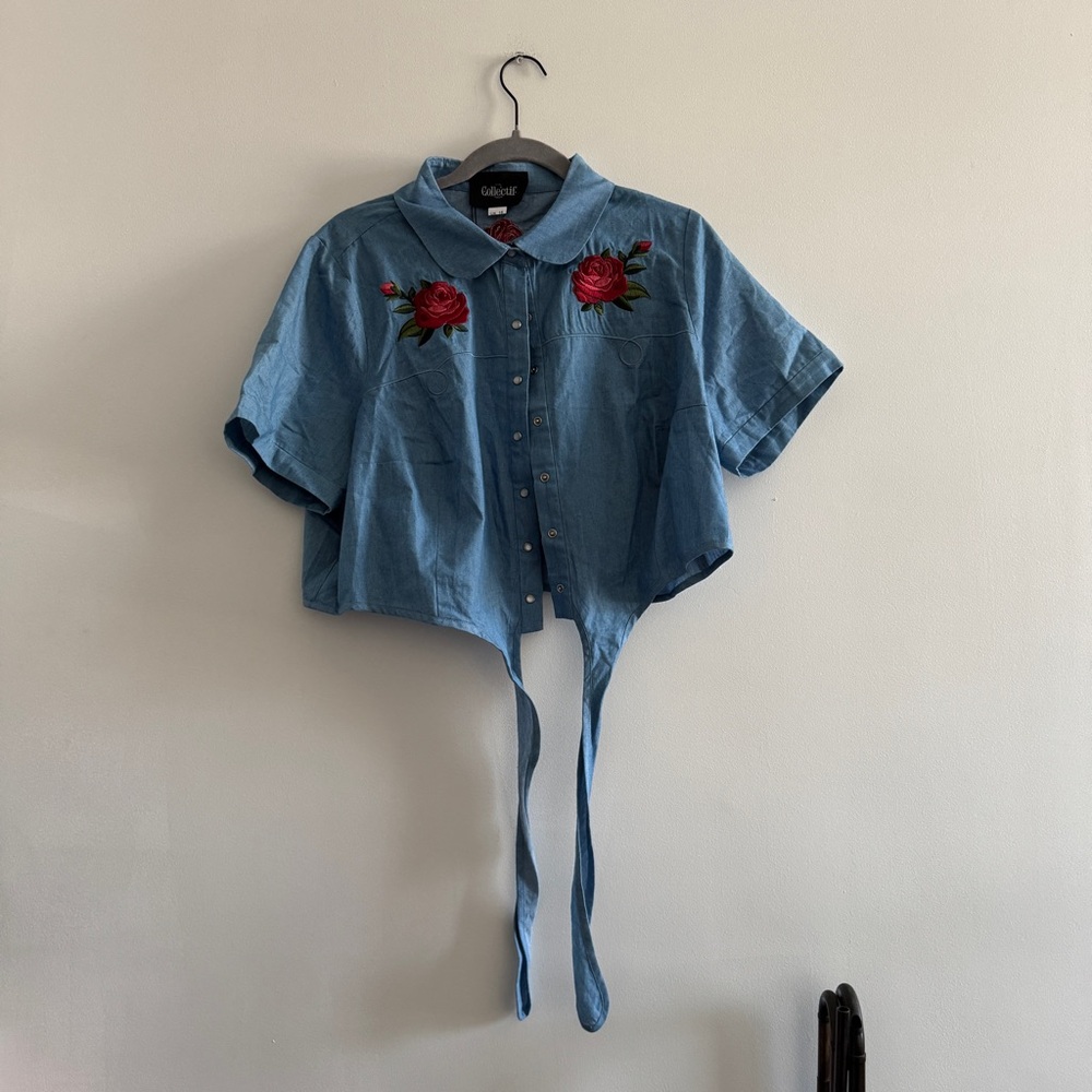 Blue Cropped Western Shirt with Rose Embroidery UK18